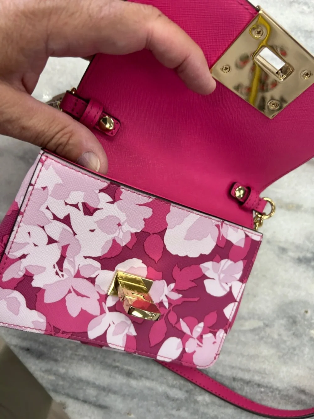 Michael Kors Pink Floral Leather Crossbody with Gold Hardware - Picture 6 of 8